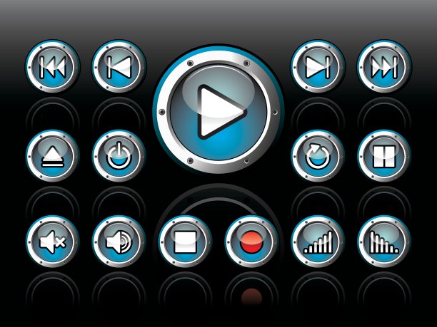 矢量闪亮按钮设置为音乐主题在一个黑暗的背景。图片下载