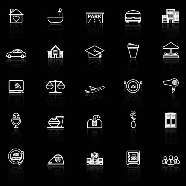 酒店业务线图标与反映在黑色的背景图片下载