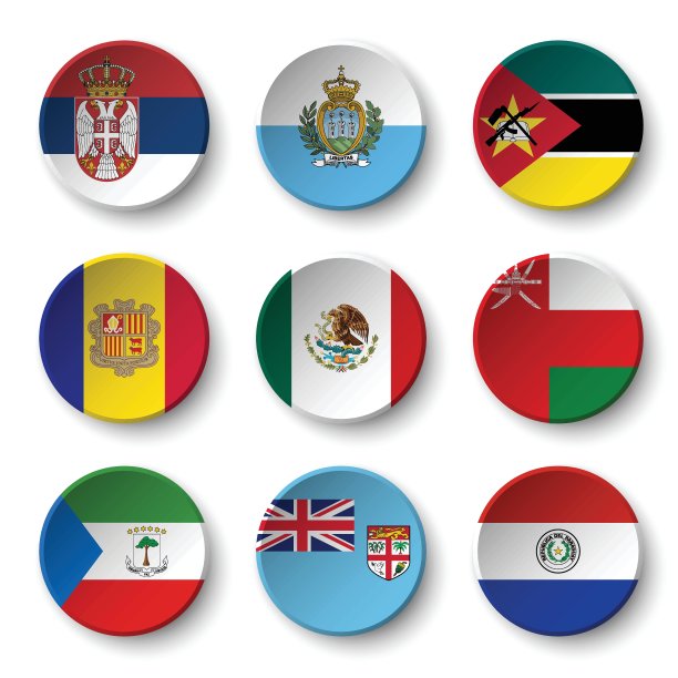 一套世界国旗围绕徽章(塞尔维亚。圣马力诺。莫桑比克。安道尔。墨西哥。阿曼。赤道几内亚。斐济。巴拉圭)图片下载