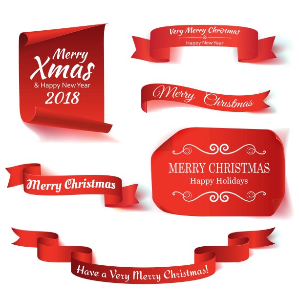 一套六个红色，圣诞快乐，现实，纸横幅。矢量图图片下载