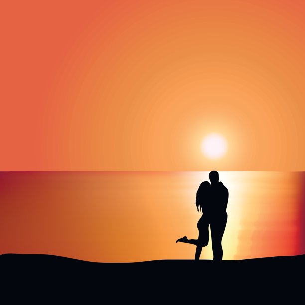 日落时分，在海边的一对恋人图片下载