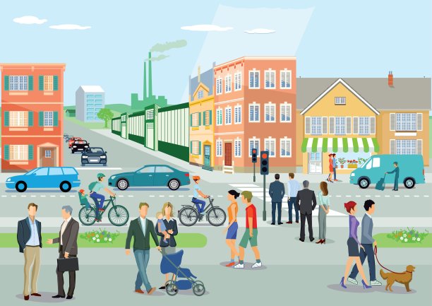 城市与道路交通，骑自行车和行人，插图图片下载