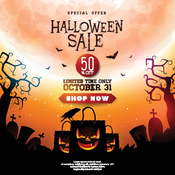 万圣节销售插图与可怕的面对购物袋，乌鸦，蝙蝠和墓地在橙色神秘的月亮背景。矢量假日设计与印刷字体为提供，优惠券，庆祝横幅，代金券或促销海报。图片下载