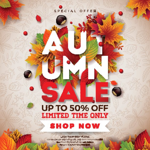 秋季销售设计与落叶和字母在光的背景。秋向量插图与特别优惠印刷元素优惠券，代金券，横幅，传单，促销海报或贺卡。图片下载