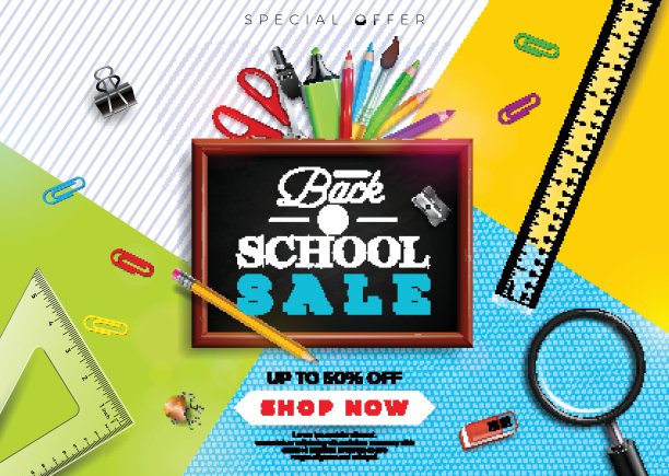 返校销售设计以彩色铅笔、毛笔等学校用品为黄色背景。矢量插图与特别提供印刷元素优惠券，代金券，横幅，传单，促销海报，邀请或贺卡。图片下载