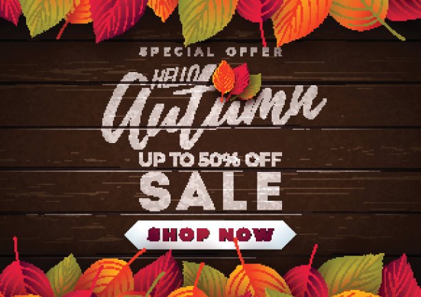 秋季销售设计与落叶和刻字的木材纹理背景。秋向量插图与特别优惠印刷元素优惠券，代金券，横幅，传单，促销海报或贺卡。图片下载