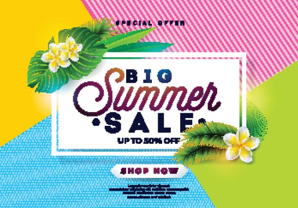 夏季销售设计与花朵和异国情调的叶子在抽象的颜色背景。热带花卉矢量插图与特别提供印刷元素优惠券，代金券，横幅，传单，促销海报，网站，邀请或贺卡。图片下载