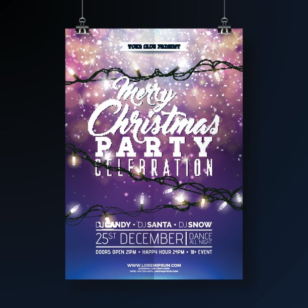 圣诞晚会传单插图与灯，花环和印刷字体在闪亮的蓝色背景。矢量假日庆祝海报设计模板的邀请或横幅。图片下载