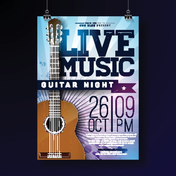 现场音乐传单设计与原声吉他在垃圾摇滚的背景。矢量插图模板邀请海报，宣传横幅，小册子，或贺卡。图片下载