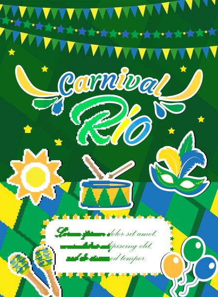欢迎巴西狂欢节的海报、邀请函、传单。您的设计模板。巴西节日，化装舞会的背景。里约热内卢de Janeiro旅行概念。矢量插图。图片下载