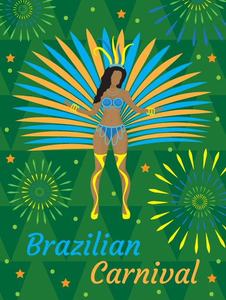 巴西狂欢节里约热内卢de Janeiro的海报，邀请。巴西桑巴舞，妇女穿着羽毛服装跳舞。模板为您的设计。矢量插图。图片下载