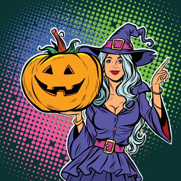 女巫和南瓜。万圣节派对图片下载