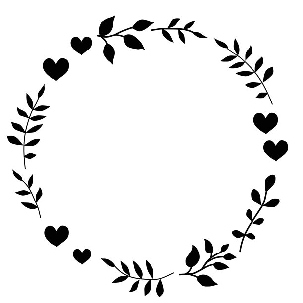 在黑色背景上涂鸦单色心形和叶圈框架。花环的树叶。为设计，明信片，印刷准备模板。图片下载