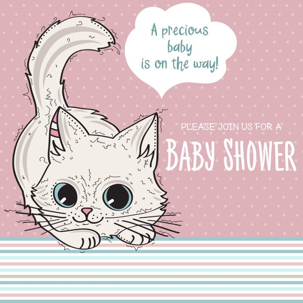 宝宝淋浴卡模板与有趣的涂鸦小猫图片下载