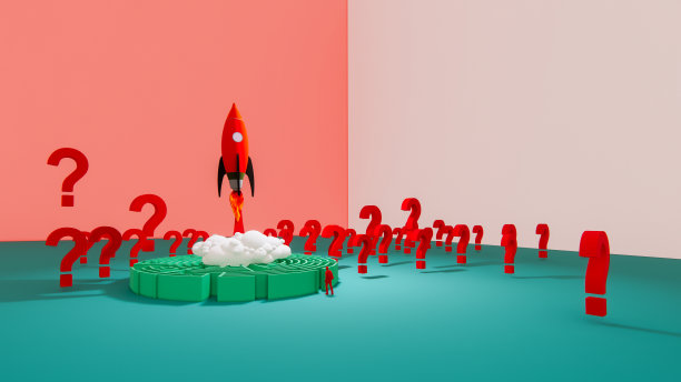 三维等角渲染插图启动概念设计，问题和问题迷宫风格，信息图启动商业概念。火箭飞船起飞了。图片下载