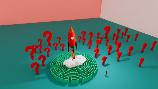三维等角渲染插图启动概念设计，问题和问题迷宫风格，信息图启动商业概念。火箭飞船起飞了。图片下载