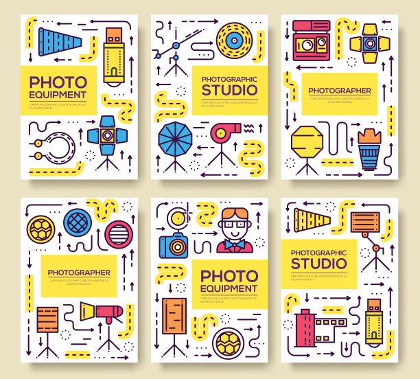 细线设备的摄影师手册卡套。摄影工作室项目模板飞年，杂志，海报，书封面，横幅。摄像邀请概念背景。概述页面布局。图片下载