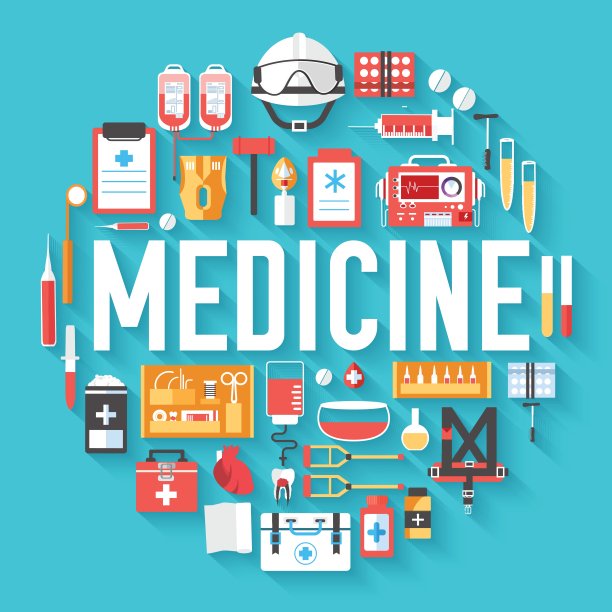 医药设备圈信息图模板概念。图标设计为您的产品或设计，网页和移动应用程序。矢量平面与长阴影插图背景图片下载