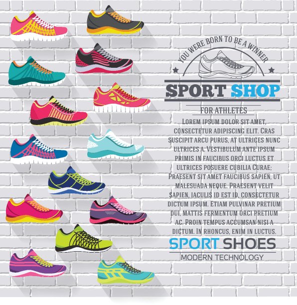 大平面插图集运动鞋跑步，散步，购物，风格背景。向量概念元素图标。丰富多彩的模板为您设计，海报，网页和移动应用程序图片下载