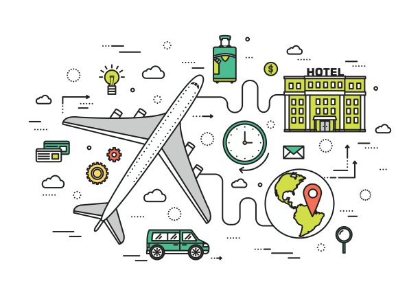 细线旅游度假现代插画概念。从飞机到酒店的信息图表指南。图标孤立在白色背景上。平面矢量模板设计的网页和移动应用程序图片下载