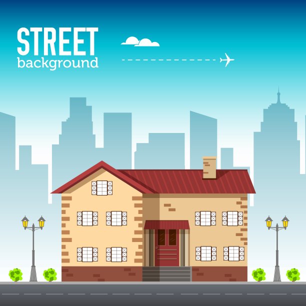 家居建筑在城市空间与道路上的平面风格背景概念。矢量插图设计图片下载