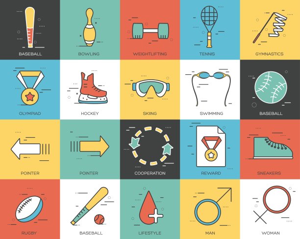 线条图标系列的运动收藏概念。现代矢量象形图设计采用平面设计元素。图片下载