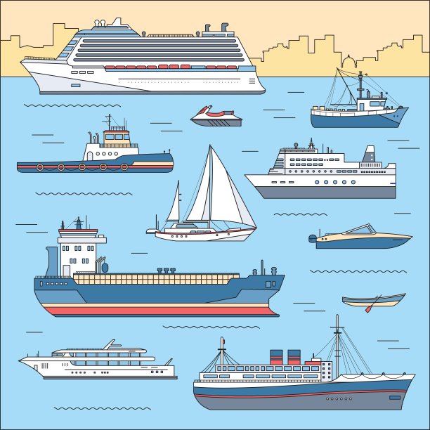 集平底游艇、滑板车、游船、货船、蒸汽船、渡船、渔船、拖船、散货船、船舶、游船、游船为蓝海背景概念。矢量细线样式图片下载