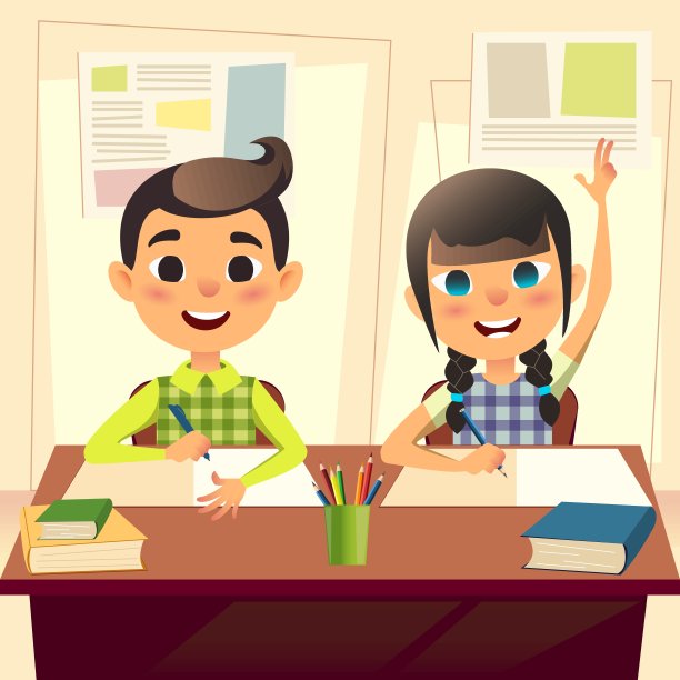 快乐的孩子们在课桌上。孩子们在学校上课。男孩把作业写在笔记本上。女孩竖起两根手指回答。卡通扁平学生人物。返校理念图片下载