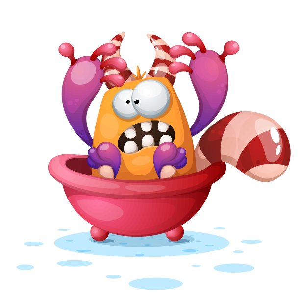 浴室里可爱又有趣的怪物。卡通插图。图片下载