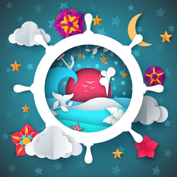 手轮，方向盘，鲸鱼-卡通纸插图。图片下载