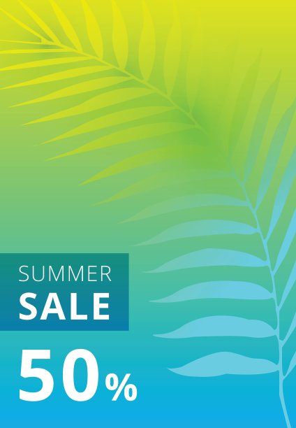 夏天出售旗帜。棕榈叶五彩缤纷的背景。图片下载