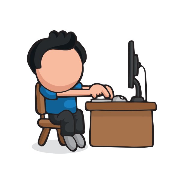 矢量手绘卡通的人坐在桌子后面工作图片下载