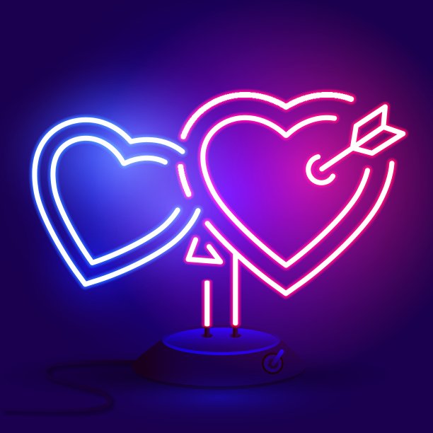 明亮的心。霓虹灯。复古霓虹心形标志。情人节快乐设计元素。准备为您的设计，贺卡，横幅。向量。图片下载