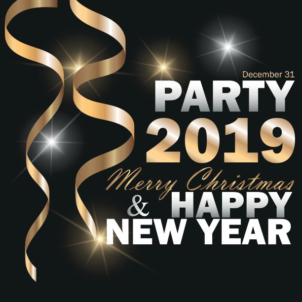 矢量2019年新年黑色背景与金色闪闪的五彩纸屑。节日的设计图片下载