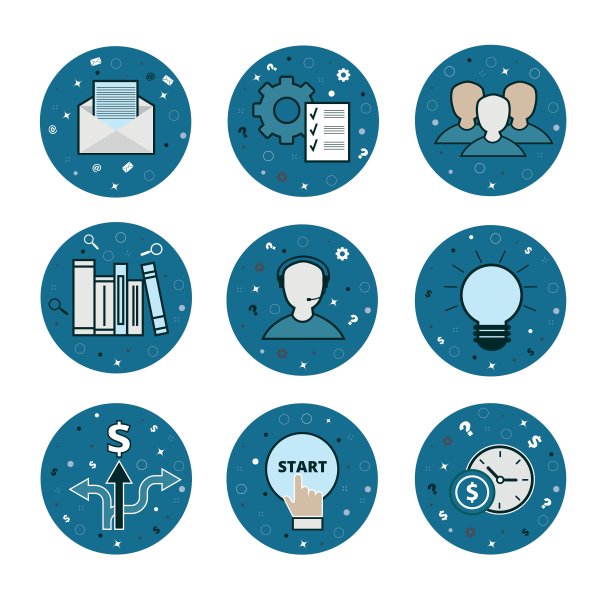 一套9个业务图标-向量蓝色扁平化风格图片下载