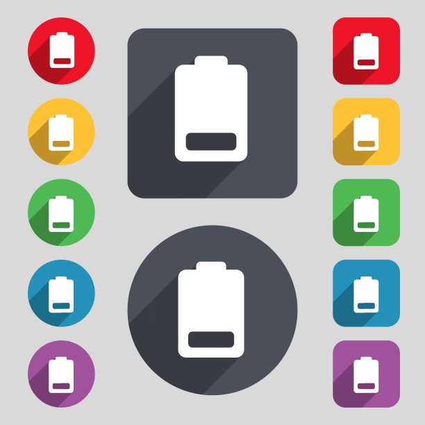 电量不足，电量图标。一套12种颜色的纽扣和一个长长的影子。平面设计。向量图片下载