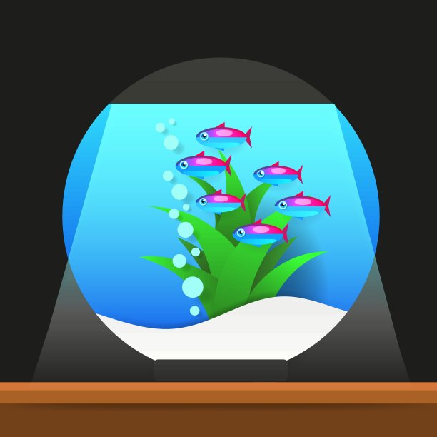 卡通淡水鱼缸水族馆矢量插图。水族馆里的奇异卡通鱼。图片下载