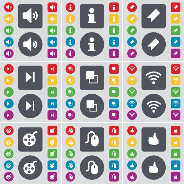 声音，信息，标记，媒体跳过，复制，Wi-Fi，录像带，鼠标，像图标符号。一套大的平面，彩色按钮为您的设计。向量图片下载