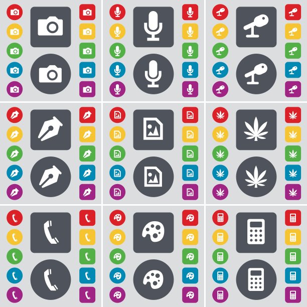采购产品照相机，麦克风，墨水笔，媒体文件，大麻，接收器，调色板，计算器图标符号。一套大的平面，彩色按钮为您的设计。向量图片下载