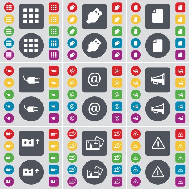 应用程序，USB，文件，插座，邮件，扩音器，磁带，图片，警告图标符号。一套大的平面，彩色按钮为您的设计。向量图片下载