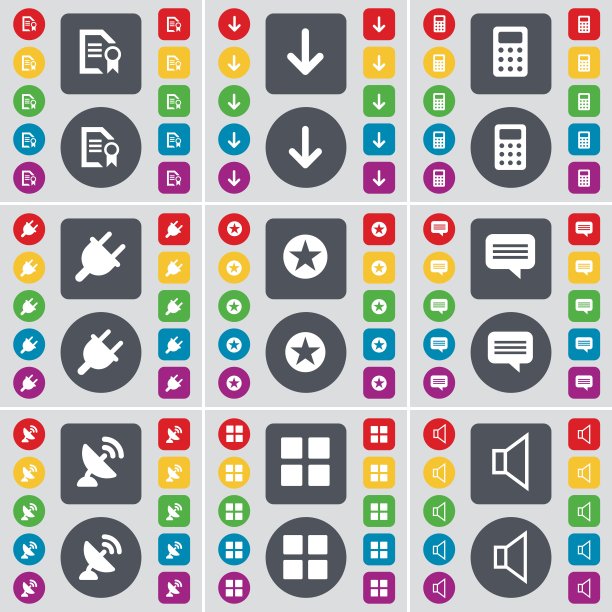 文本文件，箭头向下，计算器，插座，星形，聊天气泡，卫星天线，应用程序，声音图标符号。一套大的平面，彩色按钮为您的设计。向量图片下载