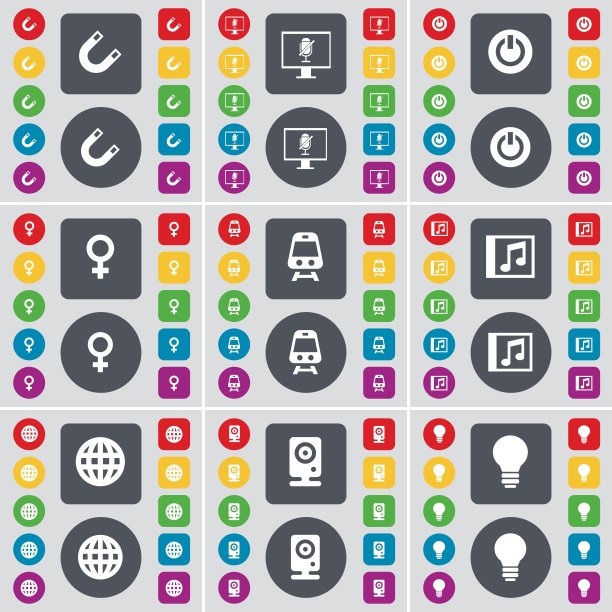 磁铁，监视器，电源，金星符号，火车，音乐窗口，地球仪，扬声器，灯泡图标符号。一套大的平面，彩色按钮为您的设计。向量图片下载
