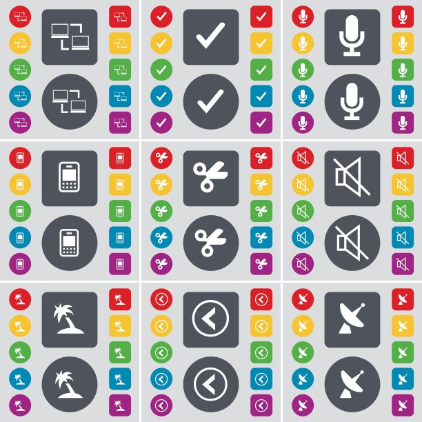 连接，滴答，麦克风，移动电话，剪刀，静音，手掌，左箭头，卫星天线图标符号。一套大的平面，彩色按钮为您的设计。向量图片下载