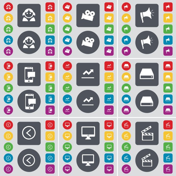 阿凡达，电影摄影机，扩音器，短信，图表，硬盘驱动器，左箭头，监视器，拍板图标符号。一套大的平面，彩色按钮为您的设计。向量图片下载