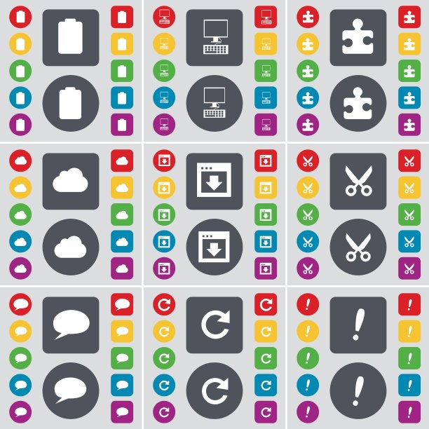 电池，PC，拼图部分，云，窗口，飞机，聊天气泡，重载，感叹号图标符号。一套大的平面，彩色按钮为您的设计。向量图片下载