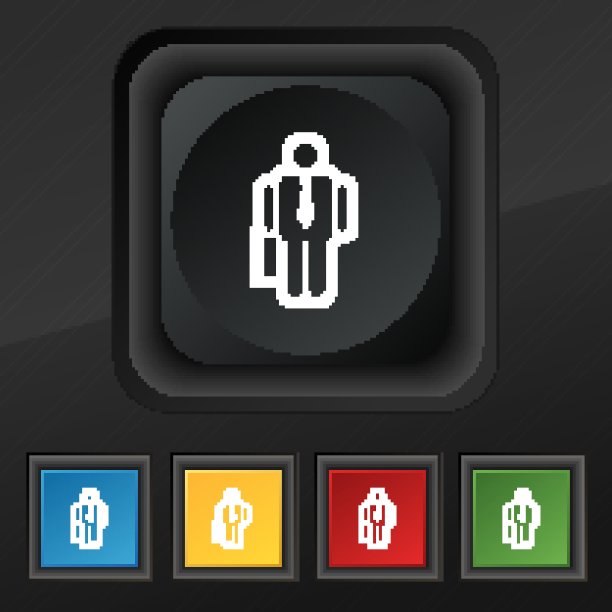 商人图标符号。五套彩色，时尚的钮扣黑色纹理为您的设计。向量图片下载