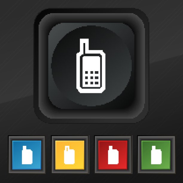 手机图标符号。五套彩色，时尚的钮扣黑色纹理为您的设计。向量图片下载