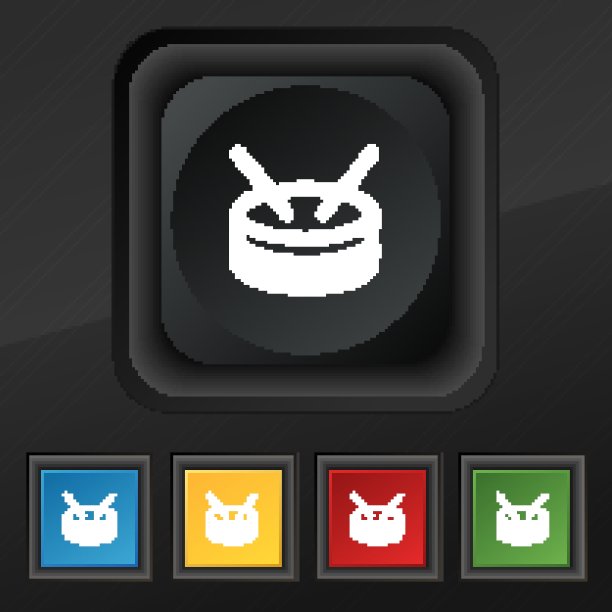 鼓图标符号。五套彩色，时尚的钮扣黑色纹理为您的设计。向量图片下载