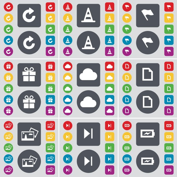 重新加载，锥形，旗帜，礼物，云，文件，图片，媒体跳过，收费图标符号。一套大的平面，彩色按钮为您的设计。向量图片下载