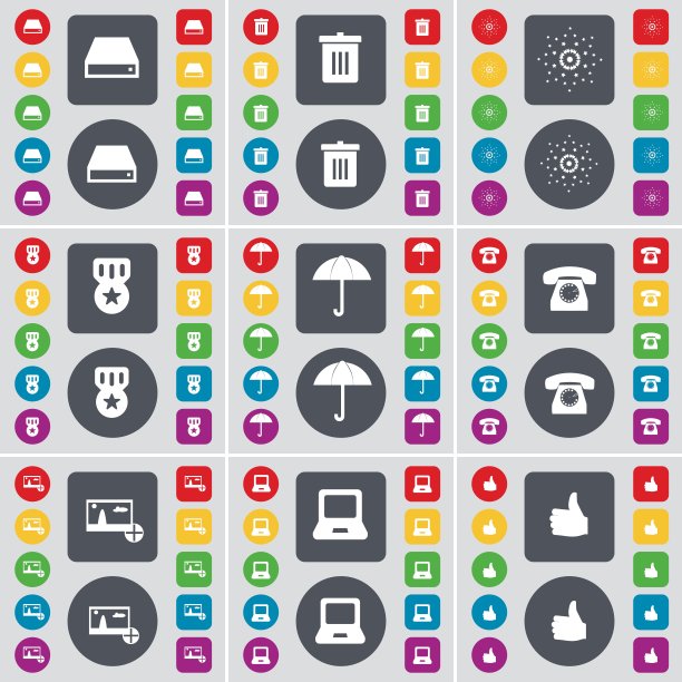 硬盘驱动器，垃圾桶，星星，奖章，雨伞，复古手机，图片，笔记本电脑，像图标符号。一套大的平面，彩色按钮为您的设计。向量图片下载
